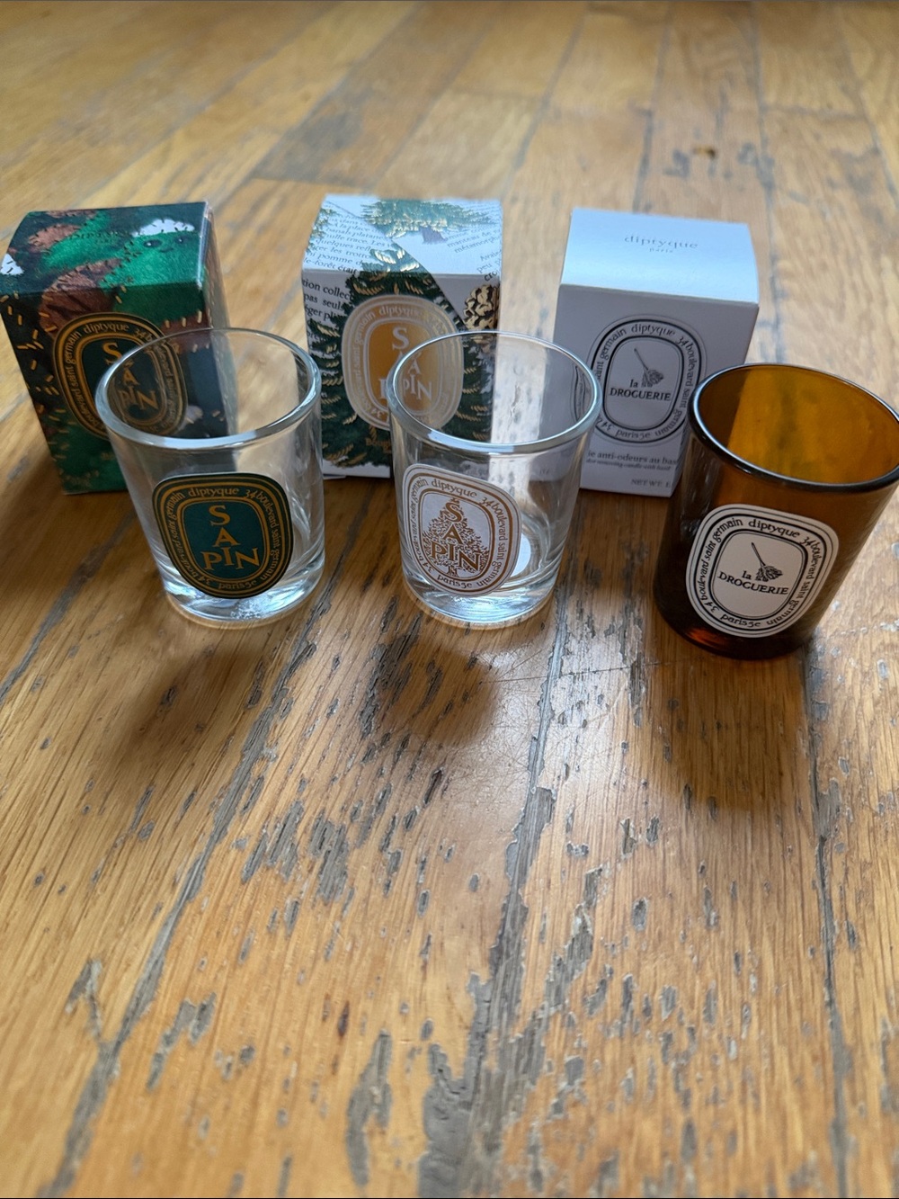 Three Empty Diptyque Paris Glass Vessels